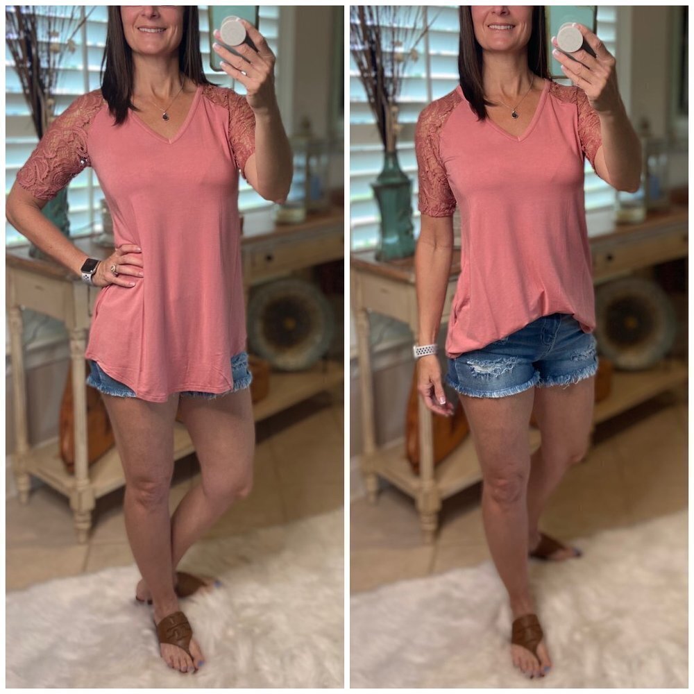Lace Short Sleeve Rounded Bottom Rose Pink 1721